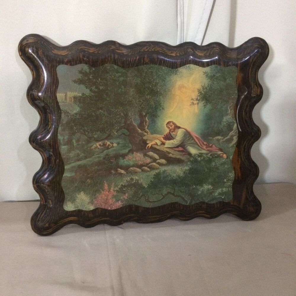 Vintage 70s Decoupage Wall Plaque Christ in Gethsemane Religious Wavy Wood 13x11